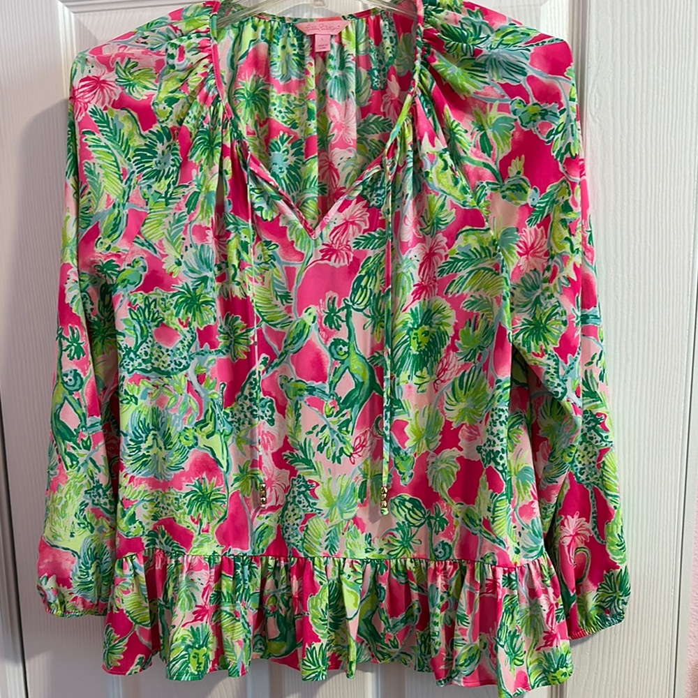 Lilly Pulitzer Green and Pink Ruffled Blouse